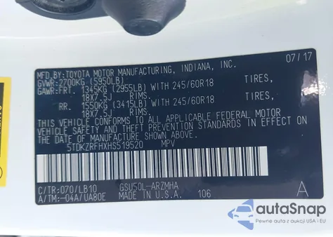 2017 Toyota Highlander Xle из США, поврежденный, VIN 5TDKZRFHXHS519520